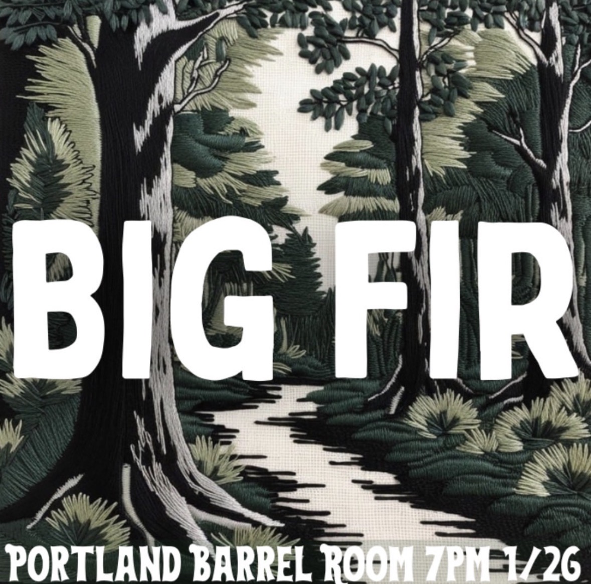 Embroidered-style forest illustration poster reading Big Fir, Portland Barrel Room