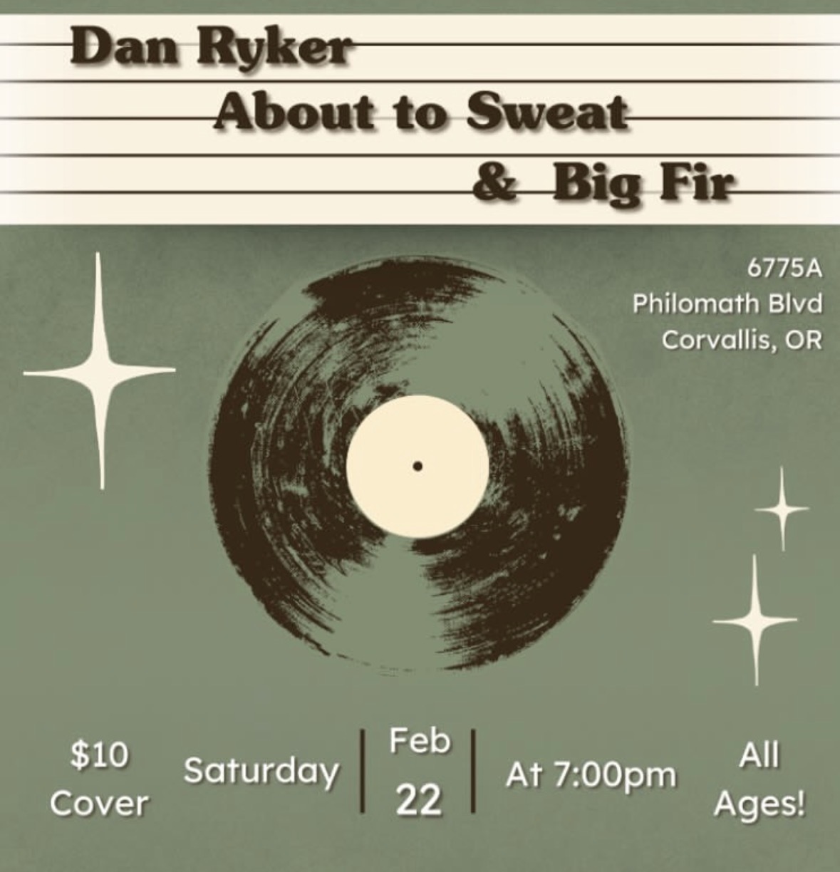Sage green record poster for Dan Ryker, About to Sweat and Big Fir in Corvallis, Oregon