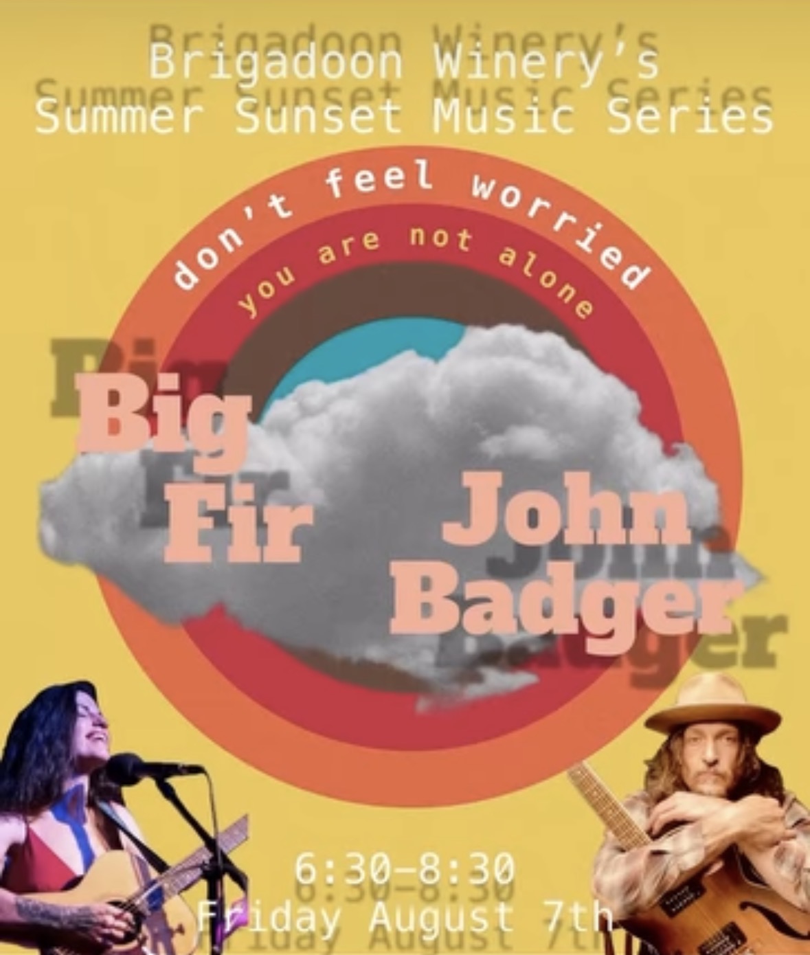 Yellow poster for Brigadoon Winery's Summer Sunset Music Series with Big Fir and John Badger